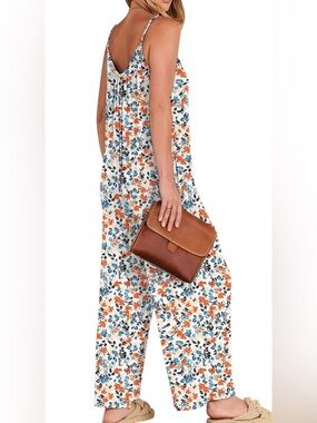 Floral Wide-Leg Jumpsuit in White with Blue & Orange Print